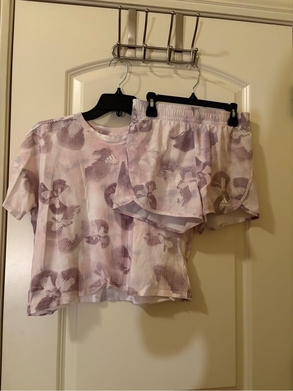 Adidas Pastel Lilac Floral Crop Tee and Athletic Shorts Set